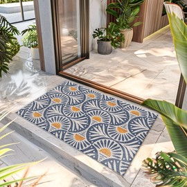 Likjad Boho Door Mat, Modern Abstract Blue Orange Sunset Doormat Bathmat for Bathroom Home Outdoor Indoor Entrance, Mid Century Art Deco Welcome Mats for Front Door Porch Entryway, 17x30 Inches