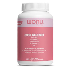 WONU, Capsulas a base de Flor de rosa Colágeno, Biotina, Zinc y Vitaminas 400 mg. Rinde 4 meses, Suplemento alimenticio120 cápsulas.