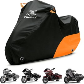 Tokept Motorcycle Cover All Season Waterproof Outdoor Protection Fits up to 104 Inch, Compatible with Cruisers & Tour Bikes with Locking Holes & Reflective Strips (Black&Orange)