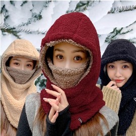 Women's 3-Color Full Fleece Winter Hood Hat Neck Mask Wine