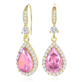Diamond Dangle Earrings for Women Silver/Gold Plated Crystal Rhinestone Birthstone Drop Dangling Teardrop Earring Set Wedding Costume Jewelry Gift for Women Yellow Gold Plated Pink