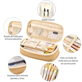 MESVIER Estuche para Lápices de Gran Capacidad, Lapicera Expandible con 4 Compartimientos, Lapiceras Organizadoras de Lona Organizador de Papelería para Escolar Oficina Trabajo (Caqui)