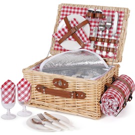 HappyPicnic Picnic Basket Set for 2 - Wicker Picnic Basket with Waterproof Blanket & Insulated Liner, Large Handmade Willow Hamper with Cutlery Kit for Outdoor, Picnic, Camping, Party, Holidays (Red)