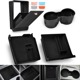 (4 PCS) Center Console Organizer Tray Designed for Model Y 2024 2023 2022 2021 or Model 3 2023 2022 2021 Accessories, Flocked Front Rear Armrest Hidden Storage Box with Silicone Cup Holder Insert