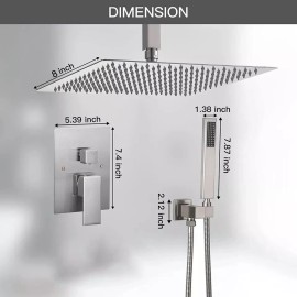 Esnbia 8" Brushed Nickel Rain Shower Combo Kits Set Ceilling Mount Shower Head System