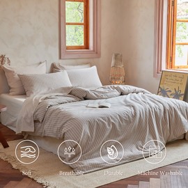 QKTE Striped 100% Washed Cotton Duvet Cover Set King Size 3Pcs(1 Comforter Cover&2 Pillowcases), Natural Cotton Bedding Set Soft Breathable Farmhouse Zipper Closure All Seasons(Khaki-White,King)
