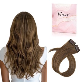 Vlasy Clip in Hair Extensions Real Human Hair, 2 Pcs Seamless Human Hair Extensions Clip in, Straight Brown Double Weft Real Hair Clip Extensions 6# 20 Inch