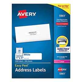 Easy Peel Laser Address Labels, 1 x 4, White, 5000/Box