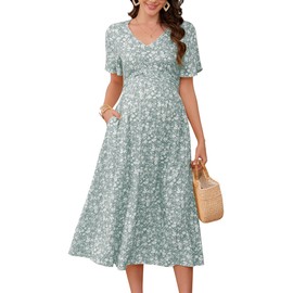 KOJOOIN Maternity V Neck Dress Ruffle Short Sleeve Summer A Line Midi Dress Baby Shower Photoshoot Green L