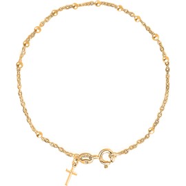 Savlano 925 Sterling Silver Italian Rosary Solid Bead Chain Cross Pendant - 18K Gold Plated 7 Inches Bracelet Comes With Gift Box for Women - Made in Italy (7, 3mm)