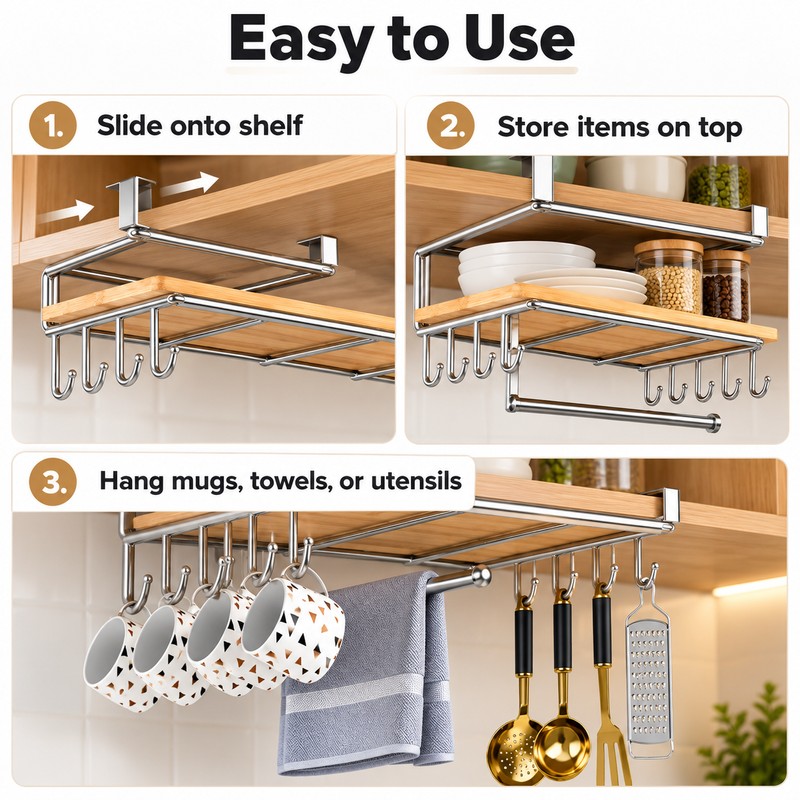 Stainless Steel Hanging Kitchen Storage Rack with Hooks – Paper