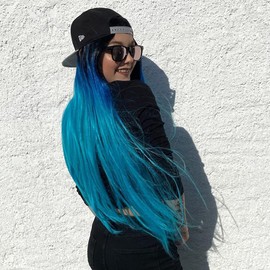 AFBeauty Blue Wig Long Wavy Ombre Blue with Black Root No Lace Wig Synthetic Full Machine Made Wig Heat Resistant Fibre Cosplay Wigs