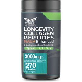 COLLAGEN + NAD+ Longevity Collagen Peptides NAD+ Enhanced - 300 capsulas (3400 mg por porcion) by Eternal Nutrition - Péptidos de Colageno Tipo I, II, II, V y X con NAD+-Ingredientes Naturales Premium