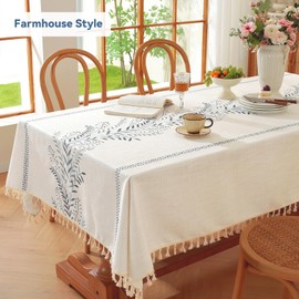 Laolitou Square Table Cloth, Embroidery Heavy Duty Cotton Linen Tablecloth, Farmhouse Rustic Waterproof Wrinkle Free Decorative Fabric Table Cover with Tassels, Blue Fern, 55×55 Inch