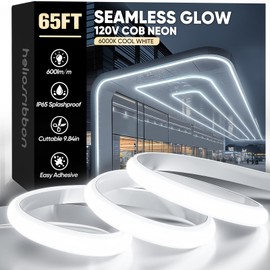 COB Neon Rope Light Outdoor Waterproof 65ft 6000K Cool White, AC 110-120V COB Neon Led Strip Light 600lm/m Bright, IP65 Cuttable Flexible LED Tape Light for Roof Bedroom Garden Commercial, 10x7mm