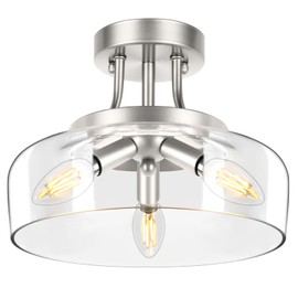 TOBUSA 3-Light Semi Flush Mount Light Fixture, Modern Industrial Glass Ceiling Light with E12 Base, Metal Semi Flush Ceiling Light for Living Room Kitchen Bedroom Hallway Balcony, No Bulbs, Nickle