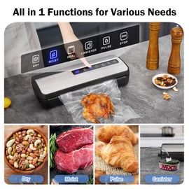 Vacuum Sealer Machine, 80Kpa Food Preservation System with Cutter and 5 Pre-cut Bags, 1 Pack Vacuum Sealer Roll, Dry & Moist Modes (Silver)