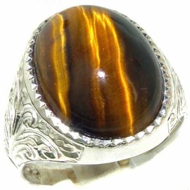 Gents Solid Sterling Silver Natural Tigers Eye Mens Signet Ring - Size 9 - Sizes 6 to 13 Available