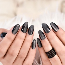 Glossy Shiny Black Press On Nails Coffin Medium Length Nails Salon Manicure Glitter Cat Eye Gel Nail Art Tips Fake Nals Women Girls Reusable Acrylic False Nails Stick On Nails