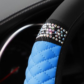 Couslcd Bling Car Steering Wheel Cover, 15 Inch Rhinestones Soft Leather Elastic Steering Wheel Protector, Sparkly Crystal Diamond for Women Girls, Car Interior Accessories for Most Cars (Blue)