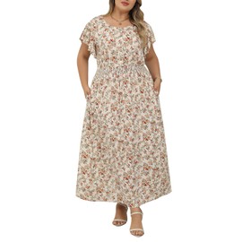 Nemidor Womens Plus Size Boho Ditsy Floral Print Casual Smocked Flared Maxi Long Dress with Pocket(NEM419,20,Beige Print)