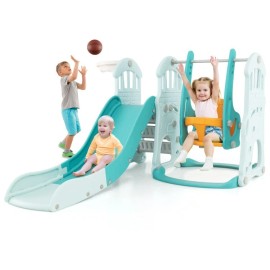 Costway Adjustable Kids Swing & Slide Set Extra-long Slide, Basketball Hoop w/ Climber