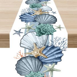 Camino de mesa costero, estrella de mar náutica, concha de coral, playa, océano, comedor, mesa rústica de verano, mesa para interiores y exteriores, decoración de restaurante, 13 x 108 pulgadas