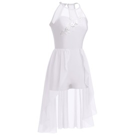 AFAVOM Lyrical Dance Costumes for Women Sequin Lace Flower Lyrical Dance Dress Flowy Mesh Tulle Chiffon Leotard Biketard Skirt Contemporary Dance Costumes Ballet Leotard Dancewear White L