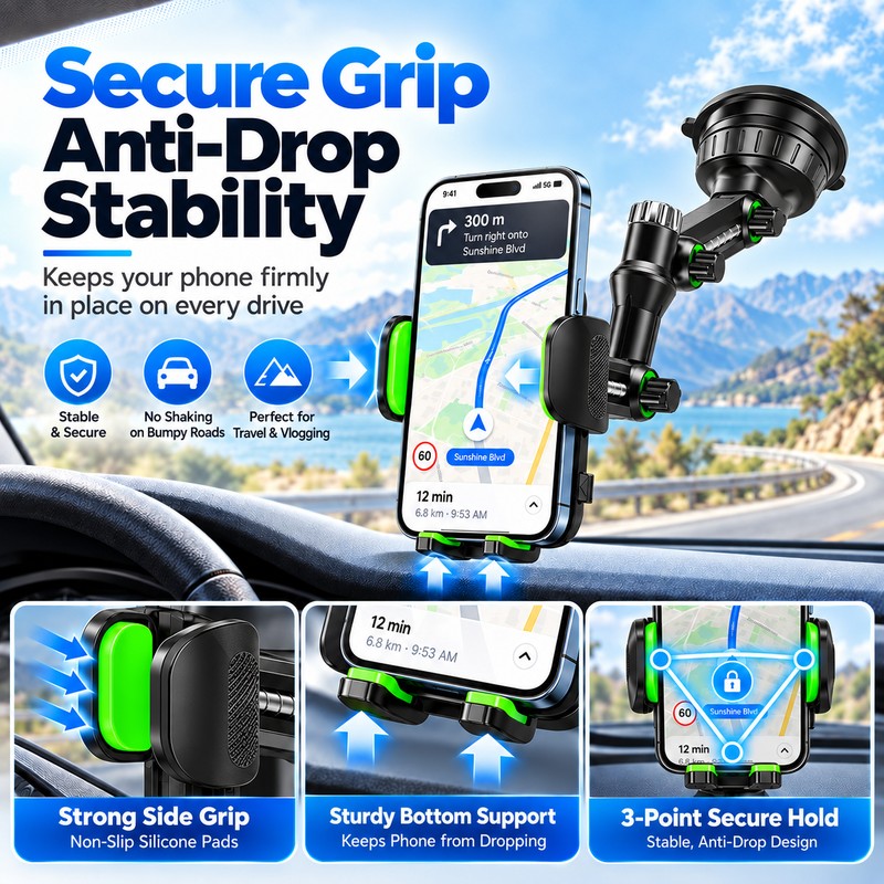 Suction Cup Car Phone Holder for Hands-Free Driving – Adjustable