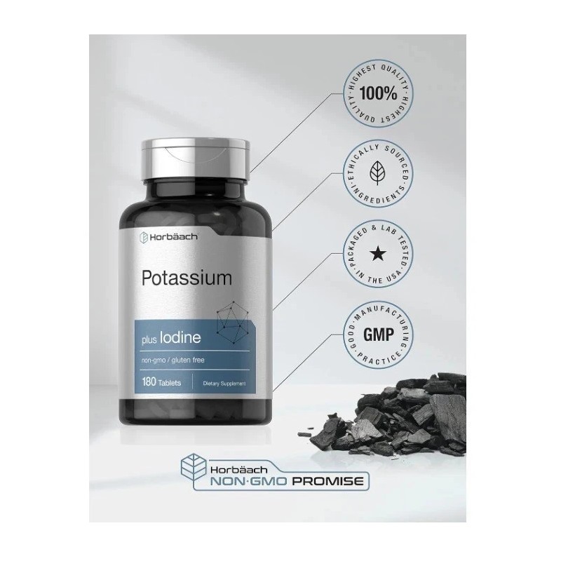 Horbaach Potassium Plus Iodine 180 Tablets Iodide Non-GMO Gluten Free