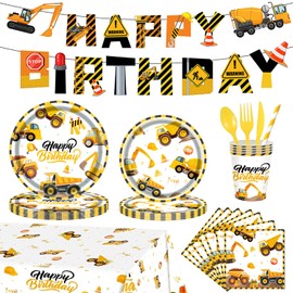 194Pcs Construction Plates Birthday Party Supplies Decorations Serve 24 | Includes Napkins Cups Tablecloth and Banner | Boys Construction Themed Birthday Party