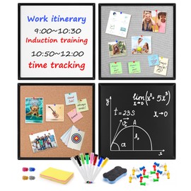 Dry Erase White Board, Cork Board, Chalkboard, Felt Bulletin Board Set, Black Framed, 4 Pack 12" X 12", Perfect for Office and Home Decor, Combo Board 4 in 1â¦