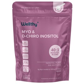 Wellthy Myo  D-Chiro Inositol en Polvo 130g, Mezcla Óptima 401 con 4000mg Myo y 100mg D-Chiro, Ingredientes 100 Naturales, Sin Gluten, Sin Azúcar,... 