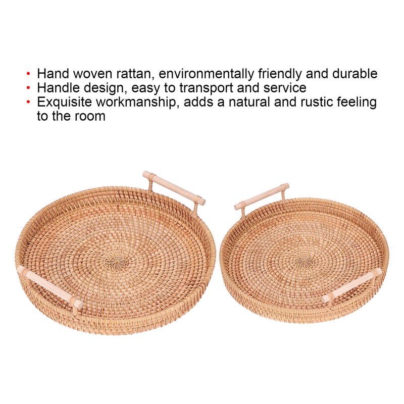 2PCS Hand Woven Rattan Tray Round Serving Tray Tea Fruit