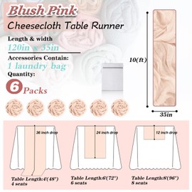Waligoy Blush Pink Cheesecloth Table Runner 6 Pack 35" Boho Gauze Table Runner 120 inches Long Table Runner Rustic Sheer Fabric Bulk for Baby Shower Wedding Bridal Birthday Party Table Decorations