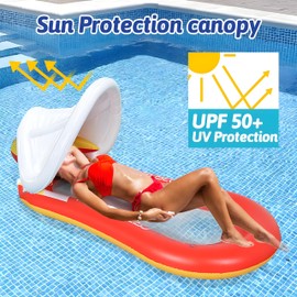 Pool Floats with Canopy with Covered Swimming Pool Floating, Portable Inflatable, Sun Protection,Suitable for Adult Family Swimming Pool, Lake, Beach Vacation(Orange Inflatable Pool Floats Lounger)