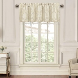 Loom and Mill Luxury Jacquard Valances for Living Room Window, Elegant Beige Damask Window Curtain Valance with BeadsTrim, Rod Pocket Blackout Short Curtain 1 Panel for Bedroom Kitchen, 54” x 18