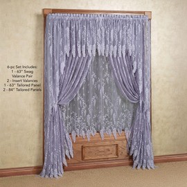 Luxury Sheer Polyester Wisteria Arbor Lace Window Treatment | 6 Piece Set Two Insert Valances, 63L Swag Pair, 63L and 84L Panels | Classic Flower | Purple | Rod Pocket | Machine wash | Light Filtering