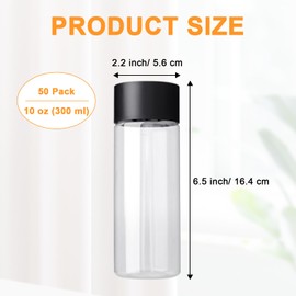 Voittozege 50 Pack 10 oz (300 ml) Plastic Juice Bottles Reusable with Caps, Sensory Bottles with Black Lids Round Clear Plastic Sensory Bottles for Juice Milk Homemade Beverage