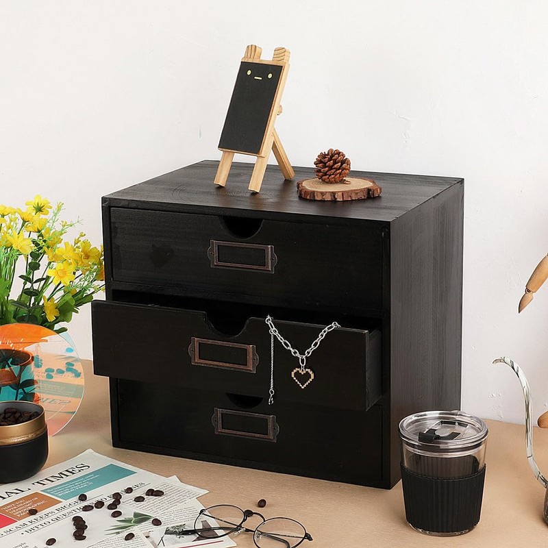PACKGILO Wooden Storage Box Rustic Desktop Organizer with 3 Drawers