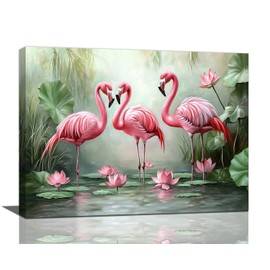 Spaexor Flamingo Wall Art, Pink Flamingos Pictures Wall Decor, Tropical Wildlife Lotus Canvas Prints Painting for Bathroom Living Room Bedroom Kitchen Dining Room 16"x12"
