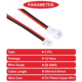 MKBKLLJY 10Pairs 1.25mm JST 2 Pin Electrical Plug and Female Electrical Cable with 26AWG 100mm Red Black Connector Cable for 3D Wing LED Belt Light Indoor