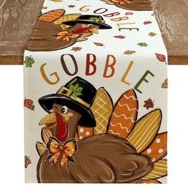 ARKENY Fall Thanksgiving Turkey Table Runner 13x72 Inches, Gobble Beige Holiday Indoor Outdoor Table Decoration for Home