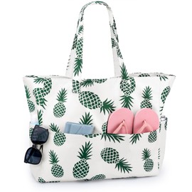 benpen XXL Family Beach Bag with Zip, Swimming Bag Large Women, Lightweight Beach Bag, Foldable, Large Swimming Pool Bag, Travel Bag for Picnic, Sauna Bag, Holiday Must Haves, White (green pineapple