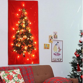 KuSONG Tapestry Christmas Tree, Xmas Tree Christmas Art Tapestries for Photography Ceiling Festival Decor with Copper Wire String Lights (Red, Large)