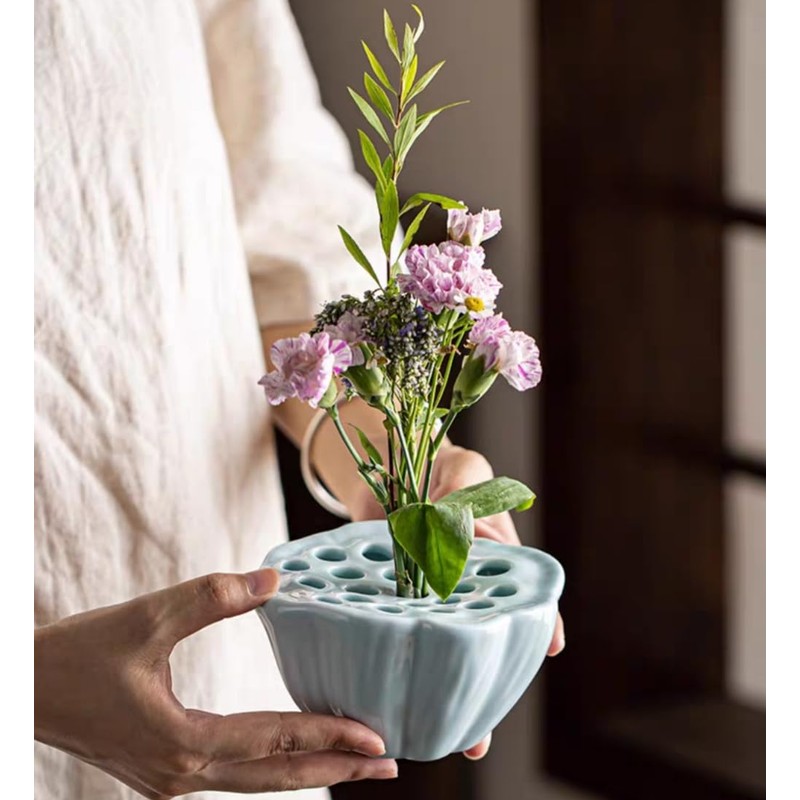 Lotus Shaped Flower Arrangement Vase Ceramic Flower Pot (Light Cyan)