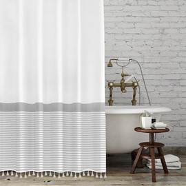 Tassel Fabric Shower Curtain, 96 Inch Extra Long Gray Striped Bathroom Shower Curtain with Tassels White Nordic Chic Polyester Bath Curtain Sets (72 x 96, White)