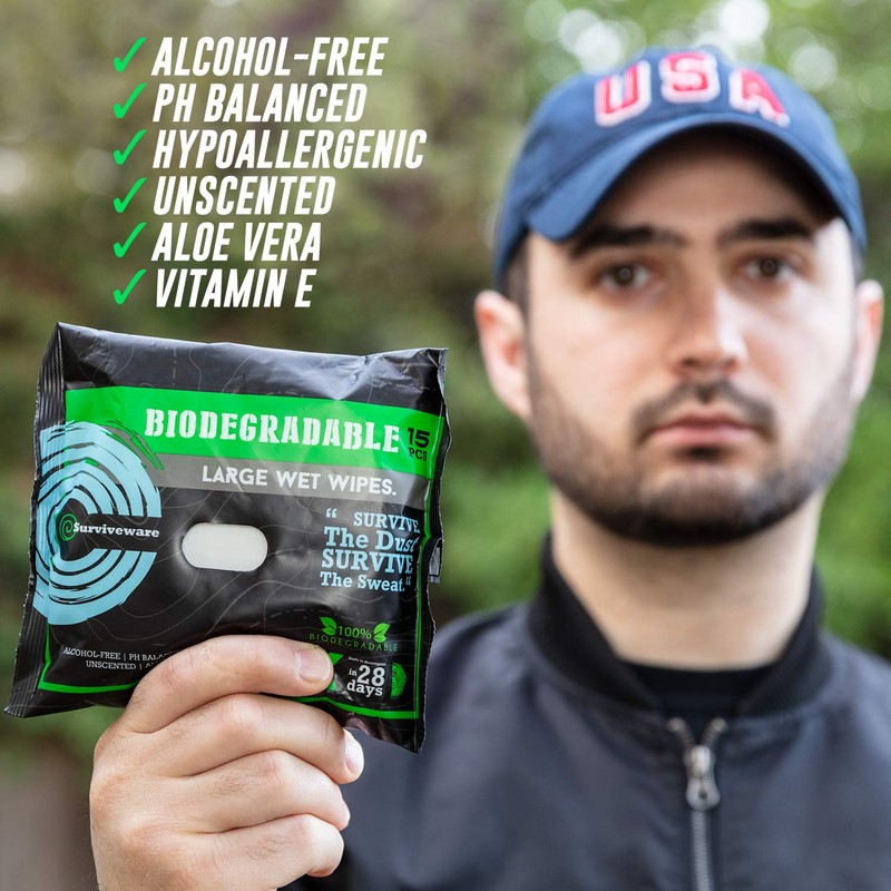 Surviveware Biodegradable Wipes Men or Women - Shower Wet Wipes