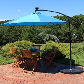 Sunnydaze Outdoor Cantilever Offset Patio Umbrella with Solar LED Lights - Outside Waterproof Polyester Shade Steel Pole - Air Vent, Cross Base and Crank - 9-Foot - Azure