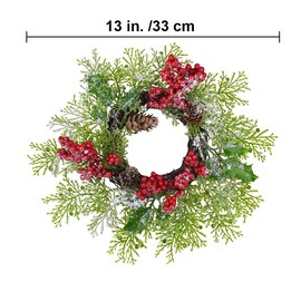 2 Pcs Artificial Snowy Cedar and Berry Candle Rings Christmas Candle Holder Rings Faux Cedar Twigs Wreath Mini Window Mirror Wreaths 12.6" Wide with Pine Cones Holly Leaves for Holiday Season Winter